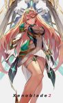  1girl bangs bare_shoulders blonde_hair blush breasts cleavage dress earrings elbow_gloves expressionless gem gloves headpiece highres hikari_(xenoblade_2) jewelry large_breasts long_hair looking_at_viewer solo swept_bangs thigh_strap tiara very_long_hair vic xenoblade_(series) xenoblade_2 yellow_eyes 
