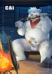  2019 absurd_res anthro balls belly blush bodily_fluids cai1448331577 cum eating erection food fur genital_fluids hi_res humanoid_hands humanoid_penis male mammal moobs navel nipples one_eye_closed overweight overweight_male penis polar_bear sitting solo ursid ursine white_fur wink 