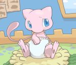  2016 ambiguous_gender blue_eyes blush carpet cub diaper felid feral fur hi_res legendary_pok&eacute;mon mammal mew mew_(psmd) nintendo pink_fur pok&eacute;mon pok&eacute;mon_(species) pok&eacute;mon_mystery_dungeon rug sitting solo video_games wadorigi young 