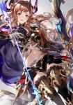  1girl arm_guards armor arrow bangs black_shorts blush bow_(weapon) breasts brown_eyes brown_hair cape energy_arrow gloves granblue_fantasy hair_ornament head_wings highres hinahino holding holding_arrow holding_bow_(weapon) holding_weapon large_breasts leggings long_hair looking_at_viewer navel open_mouth short_shorts shorts smile solo song_(granblue_fantasy) weapon white_gloves 