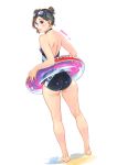  1girl ass back barefoot blush breasts brown_eyes brown_hair carina_(xiaowoo) competition_swimsuit earrings full_body goggles goggles_on_head hair_bun highres innertube jewelry kishi_mieko looking_at_viewer one-piece_swimsuit original smile solo swimsuit 