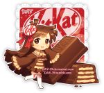  1girl :d artist_name bangs blush bow brown_dress brown_eyes brown_hair chibi chocolate commentary dav-19 dress eyebrows_visible_through_hair food hair_bow hair_ornament kitkat long_hair long_sleeves looking_at_viewer no_shoes open_mouth original personification red_bow sleeves_past_fingers sleeves_past_wrists smile solo standing standing_on_one_leg thighhighs transparent_background upper_teeth very_long_hair watermark web_address white_legwear wide_sleeves 