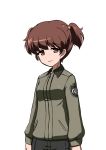  1girl aegis_(nerocc) alisa_(girls_und_panzer) alternate_emblem bangs black_shorts brown_eyes brown_hair brown_jacket closed_mouth commentary_request cowboy_shot emblem eyes freckles girls_und_panzer hair_tie half-closed_eyes jacket long_sleeves looking_at_viewer military military_uniform no_hair_ornament saunders_military_uniform short_hair short_twintails shorts smile solo standing transparent_background twintails uniform 