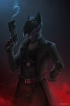  5_fingers anthro black_hair black_nose canid canine canis clothed clothing domestic_dog fingers gun hair hi_res holding_object holding_weapon male mammal mindmachine ranged_weapon red_eyes solo weapon 