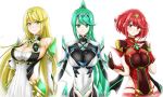  3girls armor bangs blonde_hair blush breasts cleavage commentary commentary_request covered_navel dress earrings elbow_gloves fingerless_gloves gem gloves green_eyes green_hair hair_ornament headpiece highres hikari_(xenoblade_2) hisin homura_(xenoblade_2) jewelry large_breasts long_hair looking_at_viewer mechanical_wings multiple_girls multiple_persona panties pneuma_(xenoblade_2) ponytail pose red_eyes red_hair red_shorts short_hair short_shorts shorts shoulder_armor simple_background smile spoilers swept_bangs thigh_strap thighhighs tiara underwear very_long_hair white_background white_dress wings xenoblade_(series) xenoblade_2 yellow_eyes 