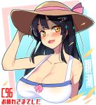  1girl :d arm_up bangs bare_shoulders blush breasts brown_headwear cleavage collarbone commentary_request cropped_torso dress hair_ornament hairclip hand_on_headwear hat kantai_collection large_breasts long_hair looking_at_viewer multicolored multicolored_background open_mouth orange_eyes oyashio_(kantai_collection) sidelocks sleeveless sleeveless_dress smile solo sun_hat taketora_suzume translation_request upper_body white_dress 