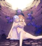 2girls arnas_(yoru_no_nai_kuni) bikini blonde_hair blush breasts cleavage closed_eyes couple groping hand_on_another&#039;s_chest holding_hands hug hug_from_behind juju_(poipoipui) large_breasts long_hair looking_at_another lyuritis_(yoru_no_nai_kuni) moaning multiple_girls open_mouth sunlight swimsuit well white_hair yoru_no_nai_kuni yuri 