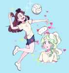  2girls alternate_costume alternate_hairstyle blue_background blue_eyes blush brown_hair couple diana_cavendish happy heart highres kagari_atsuko legs little_witch_academia long_hair looking_at_another multicolored_hair multiple_girls open_mouth ponytail red_eyes scream_lwa shoes shorts simple_background smile sneakers sportswear thighs two-tone_hair volleyball volleyball_uniform yuri 