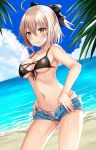  1girl ahoge bangs bare_arms bare_shoulders beach bikini black_bikini_top black_bow blue_sky bow breasts brown_hair cleavage cloud collarbone commentary_request cowboy_shot day denim denim_shorts dutch_angle fate/grand_order fate_(series) front-tie_bikini front-tie_top hair_between_eyes hair_bow half_updo hands_on_hips harimoji highres horizon looking_at_viewer medium_breasts micro_shorts mismatched_bikini navel ocean okita_souji_(fate) okita_souji_(fate)_(all) open_fly outdoors palm_leaf short_hair shorts sidelocks sky solo standing swimsuit water wet white_bikini_bottom yellow_eyes 