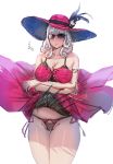  1girl armlet bare_shoulders bikini bikini_bottom bow_(bhp) breasts brown_hair carmilla_(fate/grand_order) carmilla_(swimsuit_rider)_(fate) cleavage commentary_request cowboy_shot curly_hair dress dress_lift fate/grand_order fate_(series) hat hat_feather large_breasts long_hair looking_at_viewer open_mouth red_dress red_headwear silver_hair sun_hat sunglasses swimsuit thighs yellow_eyes 