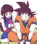  1boy 1girl absurdres bangs bare_arms bare_legs bare_shoulders black_hair blue_dress blue_eyes boots chi-chi_(dragon_ball) chinese_clothes clothes_writing commentary_request couple crossed_legs dougi dragon_ball dragon_ball_(classic) dress eyebrows_visible_through_hair eyelashes eyes_visible_through_hair fingernails flower grass happy hetero highres holding holding_flower leaf looking_at_another looking_down looking_to_the_side miiko_(drops7) nature open_mouth outdoors pink_flower plant ponytail simple_background sitting sleeveless sleeveless_dress smile son_gokuu spiked_hair white_background wristband 