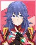  1girl arcedo armor blue_eyes blue_hair blush breasts commentary commission cosplay fingerless_gloves fire_emblem fire_emblem_awakening gloves hair_between_eyes hair_ornament hairband homura_(xenoblade_2) homura_(xenoblade_2)_(cosplay) jewelry long_hair looking_at_viewer lucina_(fire_emblem) manakete medium_breasts messy_hair shoulder_armor smile solo super_smash_bros. turtleneck upper_body xenoblade_(series) xenoblade_2 