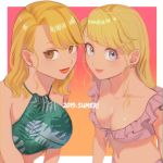  2019 2girls arms_at_sides bangs bikini blonde_hair blue_eyes border breasts brown_eyes cleavage collarbone commentary_request curly_hair dated ear_piercing earrings english_text eyebrows_visible_through_hair eyelashes frilled_bikini frilled_bikini_top frills fullmetal_alchemist gradient gradient_background green_bikini jewelry large_breasts long_hair looking_at_viewer medium_breasts multiple_girls navel orange_background ozaki_(tsukiko3) palm_tree_print piercing pink_background pink_bikini pink_lips red_earrings red_lips ribbon riza_hawkeye shiny shiny_hair shiny_skin side-by-side smile stomach swimsuit text_focus upper_body white_border winry_rockbell 