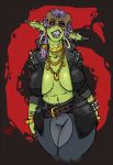  breasts clothed clothing dannyg ear_piercing female hair horn humanoid jewelry looking_at_viewer necklace not_furry open_jacket orc piercing smile solo 
