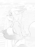  4_fingers anthro big_breasts black_and_white breasts canid canine female fingers fox hair half-closed_eyes kemono long_hair mammal monochrome pool_(disambiguation) silinder solo swimming wet 