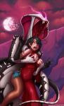  5_fingers anthro black_hair breasts charlottechambers clothed clothing detailed_background duo female fingers hair hi_res human mammal moon night non-mammal_breasts nude open_mouth outside reptile scalie sky snake teeth tongue 