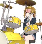  1girl bass_guitar black_eyes bottle brown_eyes brown_hair cymbals drum drum_set drumsticks hair_down hair_ornament hairband instrument ixy jacket k-on! legs ribbon sakuragaoka_high_school_uniform school_uniform short_hair skirt tainaka_ritsu 