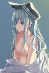  1girl amco anchor_symbol areolae bangs blue_eyes blush breasts closed_mouth collarbone commentary_request eyebrows_visible_through_hair flat_cap hair_between_eyes hat hibiki_(kantai_collection) highres kantai_collection long_hair looking_at_viewer medium_breasts nipples off_shoulder silver_hair simple_background solo topless upper_body 