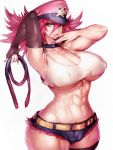  1girl abs armpits blue_eyes breasts cameltoe choker cleavage commentary_request covered_nipples curvy denim denim_shorts final_fight fumio_(rsqkr) hat highres huge_breasts long_hair looking_at_viewer midriff pink_hair poison_(final_fight) short_shorts shorts solo street_fighter street_fighter_v thick_thighs thighs whip wide_hips 