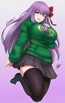  &gt;:p 1girl airisubaka alternate_costume bb_(fate)_(all) bb_(fate/extra_ccc) black_legwear breasts casual commentary commission english_commentary eyebrows_visible_through_hair fate/extra fate/extra_ccc fate/grand_order fate_(series) full_body gradient gradient_background green_sweatshirt hair_ribbon highres large_breasts long_hair looking_at_viewer miniskirt no_shoes one_eye_closed purple_background purple_eyes purple_hair red_ribbon ribbon signature simple_background skirt smile solo sweatshirt thighhighs tongue tongue_out very_long_hair watermark 