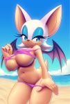  anthro beach big_breasts bikini blue_eyes breasts chiropteran clothing colored_nails curvaceous eyelashes eyeshadow female fur huge_breasts looking_at_viewer makeup mammal nails nipple_outline nitro rouge_the_bat sea seaside smile solo sonic_(series) swimwear under_boob video_games water wide_hips wings 