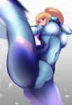  1girl blonde_hair blue_eyes blush bodysuit breasts highres impossible_clothes kicking large_breasts metroid open_mouth ponytail samus_aran tied_hair tight volyz 