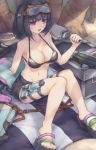  1girl artist_request bare_legs bikini_top black_hair breasts cleavage fan fate/grand_order fate_(series) full_body goggles goggles_on_head holstered_weapon jacket jacket_removed large_breasts navel open_mouth osakabe-hime_(fate/grand_order) osakabe-hime_(swimsuit_archer)_(fate) purple_eyes sandals shorts thigh_strap 