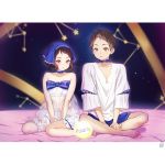  1boy 1girl bare_arms bare_legs bare_shoulders barefoot between_legs bloomers blue_bow blue_shorts blurry blurry_background bow brown_eyes brown_hair collar collarbone crop_top depth_of_field fukube_satoshi highres hyouka ibara_mayaka indian_style leg_garter letterboxed long_sleeves looking_at_viewer mery_(apfl0515) midriff multiple_girls pink_eyes see-through shadow shirt short_hair short_shorts shorts sitting star underwear watermark white_shirt 