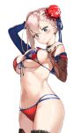  &gt;:) 1girl american_flag_bikini arm_up asymmetrical_gloves bikini black_choker blue_eyes blue_ribbon blush breasts brown_gloves bun_cover choker closed_mouth commentary_request covered_nipples cowboy_shot elbow_gloves eyebrows_visible_through_hair fate/grand_order fate_(series) fingerless_gloves flag_print front-tie_bikini front-tie_top gloves highres large_breasts long_hair looking_at_viewer miyamoto_musashi_(fate/grand_order) miyamoto_musashi_(swimsuit_berserker)_(fate) navel pink_hair pixel_(yuxian) pulled_by_self ribbon simple_background smile solo star star_print stomach strap_pull striped swimsuit thighs underboob v-shaped_eyebrows vertical_stripes white_background 