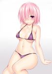  1girl bikini blush breasts collarbone fate/grand_order fate_(series) hair_over_one_eye large_breasts looking_at_viewer mash_kyrielight micro_bikini navel pink_hair purple_bikini purple_eyes short_hair simple_background sitting smile solo swimsuit thighs toshishikisai white_background 