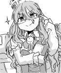  1girl adjusting_eyewear ascot bangs blush bottle breasts closed_mouth collared_shirt commentary corset eyebrows_visible_through_hair frilled_sleeves frills glasses greyscale hair_between_eyes hair_ornament hat highres holding holding_bottle kantai_collection long_hair long_sleeves looking_at_viewer machinery mini_hat monochrome pola_(kantai_collection) poyo_(hellmayuge) rigging shirt simple_background smile solo sparkle thick_eyebrows tilted_headwear upper_body wavy_hair white_background wine_bottle 