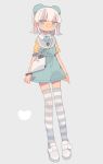  1girl :&lt; animal_ears arms_at_sides bag bandaid bandaid_on_nose bangs bear_ears bib blue_eyes blue_hairband bracelet closed_mouth daizu_(melon-lemon) expressionless eyebrows_visible_through_hair fake_animal_ears from_side full_body gradient_eyes grey_background hair_ornament hairband highres jewelry jitome looking_at_viewer multicolored multicolored_eyes off_shoulder original overalls shirt shoes short_hair short_sleeves shoulder_bag simple_background slim_legs solo standing striped striped_legwear thighhighs white_footwear white_hair yellow_shirt 