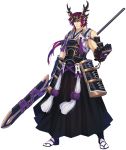  1boy armor beads clenched_hand full_body hakama highres ishitsu_kenzou japanese_armor japanese_clothes kiwame_(touken_ranbu) male_focus muscle official_art polearm ponytail red_hair sandals shoulder_armor smile sode spear tabi tonbokiri_(touken_ranbu) touken_ranbu transparent_background weapon yari yellow_eyes 