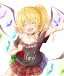  1girl :d ^_^ absurdres arm_up bangs bare_shoulders black_choker black_shirt blonde_hair blue_skirt breasts choker cleavage clenched_hand closed_eyes clothes_writing commentary_request cosplay cowboy_shot crystal ear_piercing eyebrows_visible_through_hair facing_viewer fangs flandre_scarlet green_skirt gumi_(fwjn7284) hair_between_eyes hand_on_own_chest heart hecatia_lapislazuli hecatia_lapislazuli_(cosplay) highres long_hair miniskirt multicolored multicolored_clothes multicolored_skirt no_hat no_headwear off-shoulder_shirt off_shoulder one_side_up open_mouth piercing plaid plaid_skirt pleated_skirt red_skirt shirt short_sleeves simple_background skin_fangs skirt smile solo t-shirt touhou white_background wings 