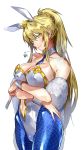  1girl absurdres ahoge animal_ears artoria_pendragon_(all) artoria_pendragon_(lancer) bangs bare_shoulders blonde_hair blue_legwear breasts bunny_ears bunnysuit card cleavage collarbone colored_eyelashes cowboy_shot crossed_arms crown dated detached_collar eyebrows_visible_through_hair fate/grand_order fate_(series) fishnet_pantyhose fishnets green_eyes hair_between_eyes highleg highleg_leotard highres holding holding_card large_breasts leotard lips long_hair looking_at_viewer navel navel_cutout necktie pantyhose ponytail shawl shiny shiny_clothes sidelocks simple_background smile solo takaraizu very_long_hair white_background white_leotard wrist_cuffs 