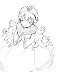  1girl blush breasts curly_hair dragon_quest dragon_quest_ii dress graphite_(medium) hood kichijou_agata long_hair monochrome princess_of_moonbrook simple_background solo traditional_media white_background 