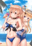  2girls bikini black_gloves blonde_hair blue_bikini blue_eyes blue_shirt blue_sky blush breast_grab breasts brown_eyes cleavage closed_mouth cloud crab eyebrows_visible_through_hair flag fletcher_(kantai_collection) food gloves grabbing hair_between_eyes hairband highres ice_cream johnston_(kantai_collection) k_jie kantai_collection large_breasts light_brown_hair long_hair multiple_girls navel ocean palm_tree sailor_collar shirt sky swimsuit swimsuit_under_clothes tree two_side_up white_gloves 