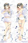  1girl artist_name bare_legs barefoot bed_sheet blouse blue_eyes blue_flower blue_ribbon blush breasts brown_hair closed_mouth commentary commission dakimakura dimples_of_venus english_commentary feathered_wings feet flower full_body hair_ornament hairclip hands_up head_wreath highres looking_at_viewer love_live! love_live!_sunshine!! lying marmalade_(elfless_vanilla) midriff multiple_views on_back on_stomach panties petals ribbon see-through short_hair shorts small_breasts smile underwear watanabe_you white_blouse white_panties white_shorts white_wings wings 