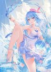  1girl :q armpits artist_name atdan bare_arms bare_legs bare_shoulders blue_eyes blue_hair blue_ribbon breasts bucket closed_mouth collarbone commentary dress hair_intakes haiyi halter_dress hat high_heels highres holding jellyfish knee_up large_breasts looking_at_viewer paint paintbrush revision ribbon short_hair sleeveless sleeveless_dress smile solo synthesizer_v thighs tongue tongue_out 