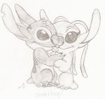  2013 alien angel_(lilo_and_stitch) antennae_(anatomy) back_markings boxxmore character_name claws disney duo experiment_(lilo_and_stitch) eyelashes fur graphite_(artwork) greyscale head_tuft licking lilo_and_stitch markings monochrome notched_ear pencil_(artwork) simple_background small_tail stitch_(lilo_and_stitch) tongue tongue_out traditional_media_(artwork) white_background 