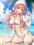  1girl :d bare_arms bare_shoulders beach bikini blue_sky breasts cleavage cloud cloudy_sky collarbone commentary_request day fate/grand_order fate_(series) floating_hair hagino_kouta hand_up head_tilt highres horizon long_hair looking_at_viewer medb_(fate)_(all) medb_(swimsuit_saber)_(fate) medium_breasts navel ocean open_mouth outdoors palm_tree pink_hair pom_pom_(clothes) shadow side-tie_bikini sitting sky smile solo sunlight swimsuit thighhighs tree twitter_username very_long_hair water white_bikini white_headwear yellow_eyes 