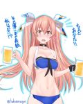  1girl alcohol beer beer_mug bikini blue_bikini breasts brown_eyes cleavage commentary_request hair_ornament hair_ribbon johnston_(kantai_collection) kantai_collection light_brown_hair long_hair looking_at_viewer medium_breasts nuko_(phylactery) ribbon simple_background solo swimsuit translation_request twitter_username two_side_up white_background 