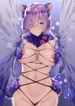  1girl animal_ears areolae bangs blush breasts dangerous_beast elbow_gloves eyebrows_visible_through_hair fate/grand_order fate_(series) fur fur_trim gloves hair_over_one_eye halloween_costume highres large_breasts looking_at_viewer mash_kyrielight navel nipples purple_eyes purple_gloves purple_hair revealing_clothes short_hair solo tachibana_yuu tail wolf_ears wolf_tail 