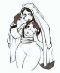  2019 anthro areola biped black_nose blush bottomless breasts canid canine canis claws clothed clothing eyebrows eyelashes female fox fur hair hanbok korean_clothing looking_at_viewer mammal nipples pussy reccand simple_background snout solo standing thick_thighs veil 