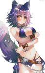  1girl aki_makoto animal_ear_fluff animal_ears bangle bare_arms bare_shoulders belt bikini blue_bikini blue_hair bracelet breast_hold breasts chain cleavage cowboy_shot frown halter_top halterneck hanato_(seonoaiko) highres jewelry large_breasts looking_at_viewer navel orange_eyes princess_connect! princess_connect!_re:dive short_hair side-tie_bikini solo sparkle standing sweat swimsuit tail twitter_username white_background wolf_ears wolf_girl wolf_tail 