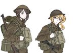  2girls artist_request blonde_hair british_army brown_hair girls_frontline gun helmet lee-enfield lee-enfield_(girls_frontline) looking_at_viewer military military_uniform multiple_girls rifle sten_gun sten_mk2_(girls_frontline) uniform weapon white_background world_war_ii 