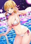  1girl :d bangs bikini blonde_hair blue_eyes blush bow braid breasts city eyebrows_visible_through_hair fireworks front-tie_bikini front-tie_top hair_ribbon large_breasts looking_at_viewer meisuke_mei micro_bikini navel night open_mouth original pink_bow pool ribbon short_hair side-tie_bikini sidelocks smile solo swimsuit water white_bikini 