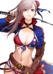  1girl american_flag american_flag_bikini asymmetrical_hair asymmetrical_legwear bangs bikini blue_eyes blue_legwear breasts brown_gloves bun_cover cleavage commentary_request cowboy_shot day elbow_gloves fate/grand_order fate_(series) flag_print front-tie_bikini front-tie_top fumi_fumi_(7837224) gloves gunblade hair_bun holding holding_weapon large_breasts long_hair miyamoto_musashi_(fate/grand_order) miyamoto_musashi_(swimsuit_berserker)_(fate) navel outdoors pink_hair shrug_(clothing) single_thighhigh sky solo star star_print swept_bangs swimsuit thighhighs weapon white_background 