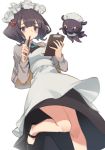  1girl apron bangs bare_legs black_dress black_footwear blunt_bangs blush clipboard commentary_request cropped_jacket dress eyebrows_visible_through_hair fate/grand_order fate_(series) floating flower from_below grey_jacket hair_flower hair_ornament holding holding_pen jacket katsushika_hokusai_(fate/grand_order) long_sleeves maid_headdress no_socks octopus open_clothes open_jacket pen shoes simple_background standing standing_on_one_leg tokitarou_(fate/grand_order) waitress white_apron white_background white_flower yura_(botyurara) 