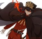  1boy bangs belt belt_buckle black_hair buckle burning cape_billowing cloak commentary_request dutch_angle fate/grand_order fate_(series) fire gloves gun hair_between_eyes handgun hat highres katana kumin_(6939359) long_sleeves looking_at_viewer military military_hat military_uniform oda_nobukatsu_(fate/grand_order) oda_uri open_mouth pants pistol ponytail red_eyes red_pants red_suit sheath sheathed simple_background solo standing sword uniform weapon white_background white_gloves 